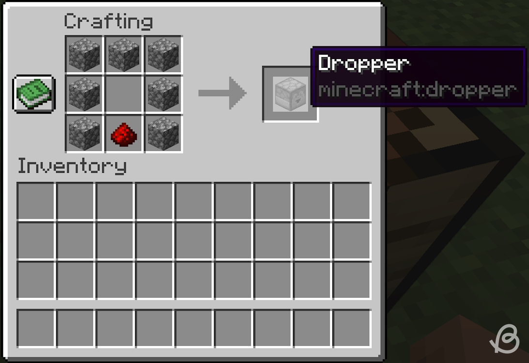 Completed crafting recipe for a dropper in Minecraft