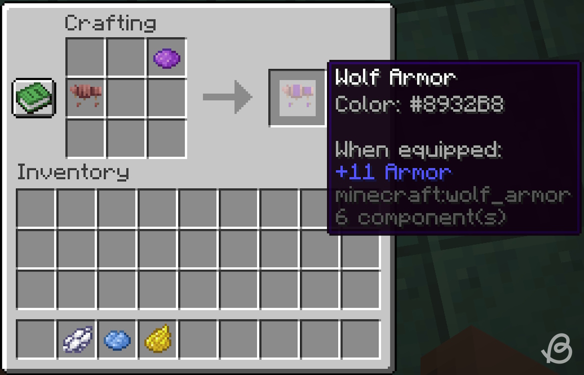 Player adding one color to wolf armor inside the crafting grid in Minecraft