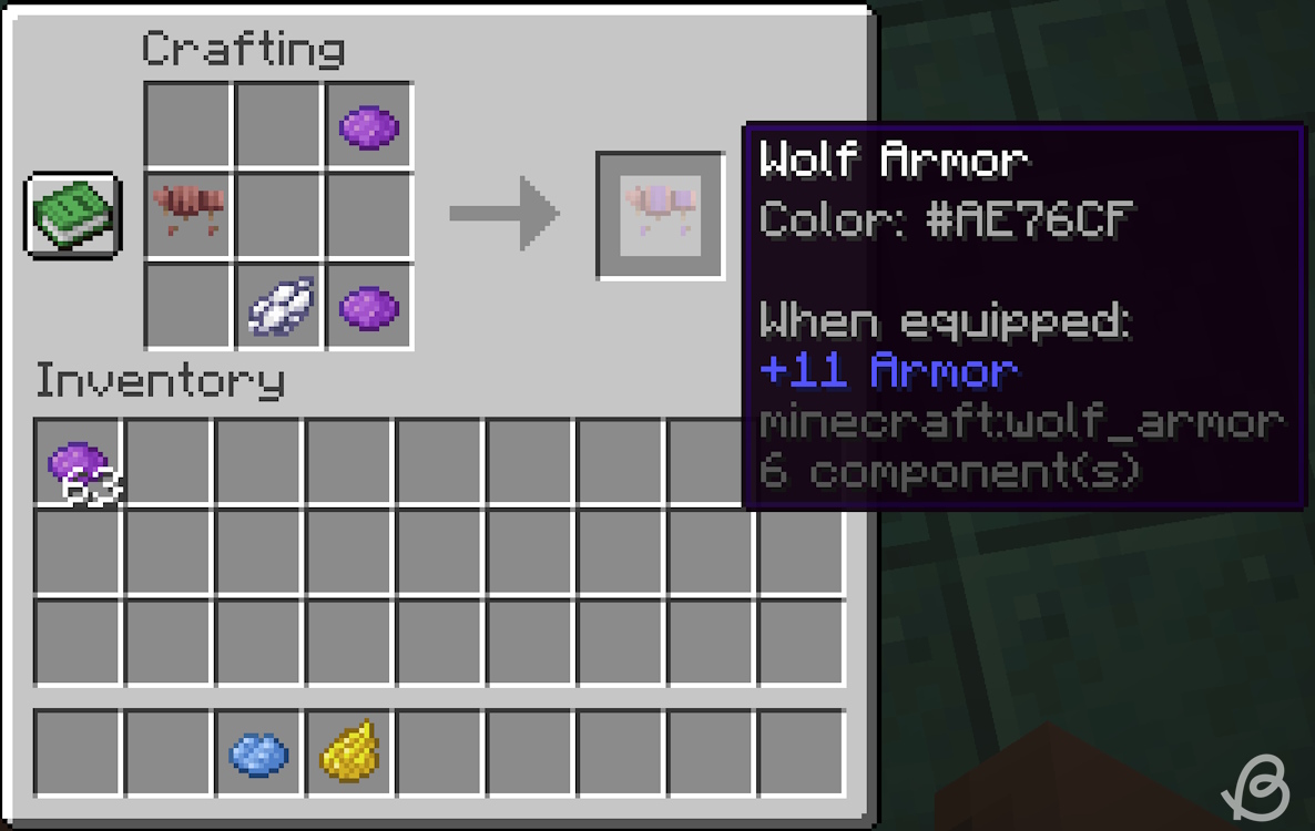 White dye and two purple dyes combined with wolf armor in the crafting grid