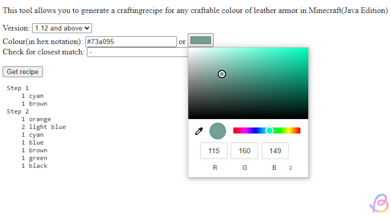Online tool where player chose a color and a color wheel or rectangle is displayed