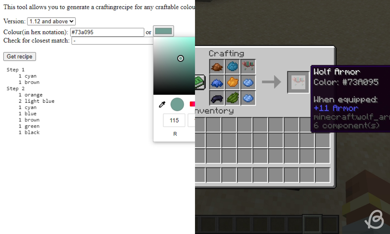Player recreating a color in Minecraft they found using an online tool