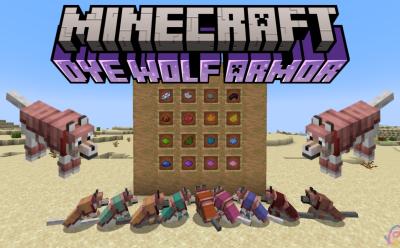 Tamed wolves wearing wolf armor of various colors and a wall with item frames carrying all Minecraft dyes behind them