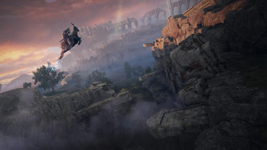Elden Ring image of player character jumping over a ravine.