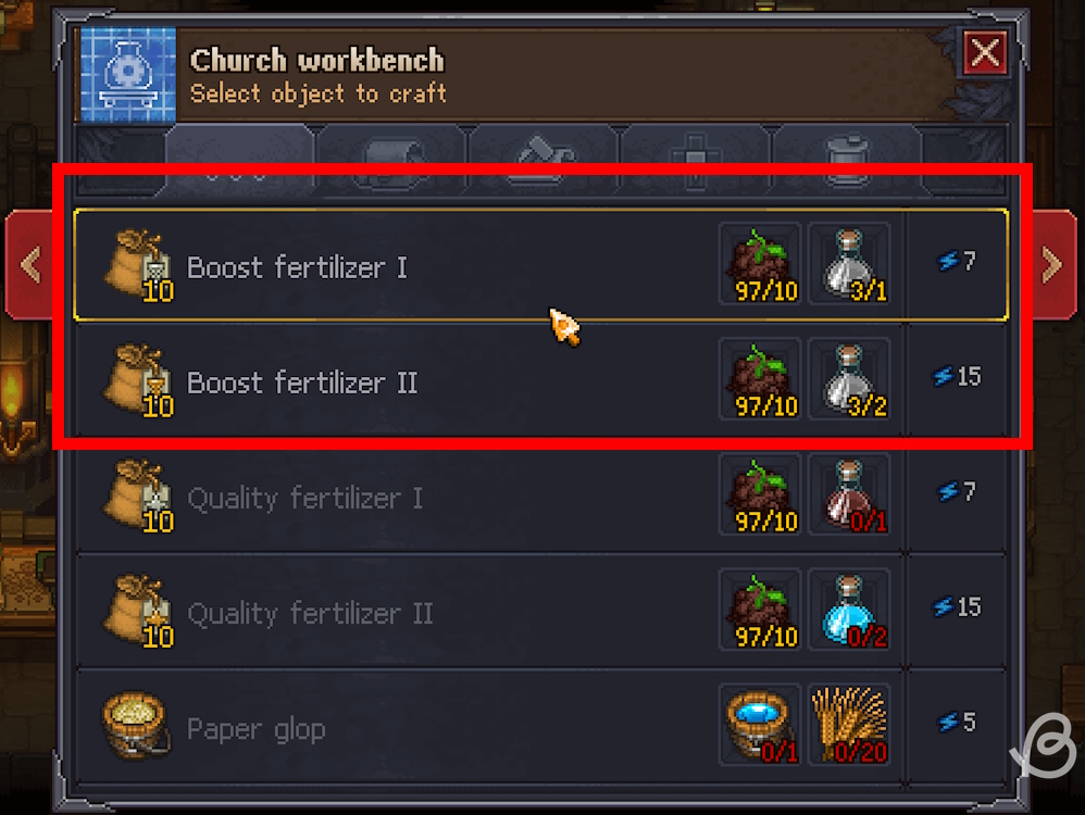 Crafting recipes for boost fertilizers