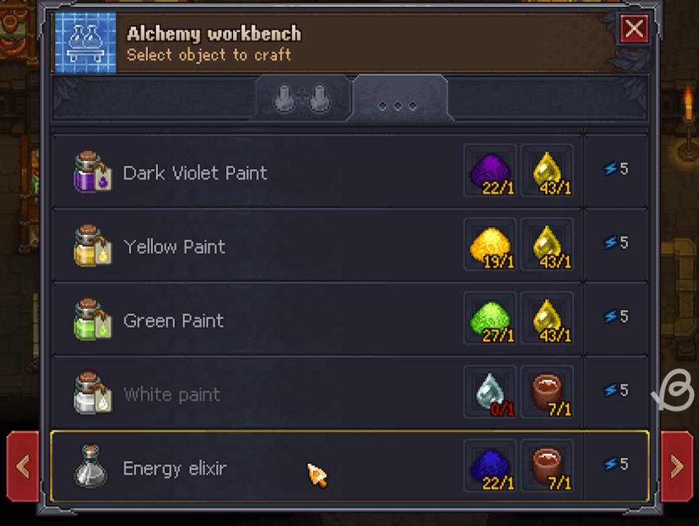 Energy elixir recipe that requires acceleration powder and slowing solution in Graveyard Keeper