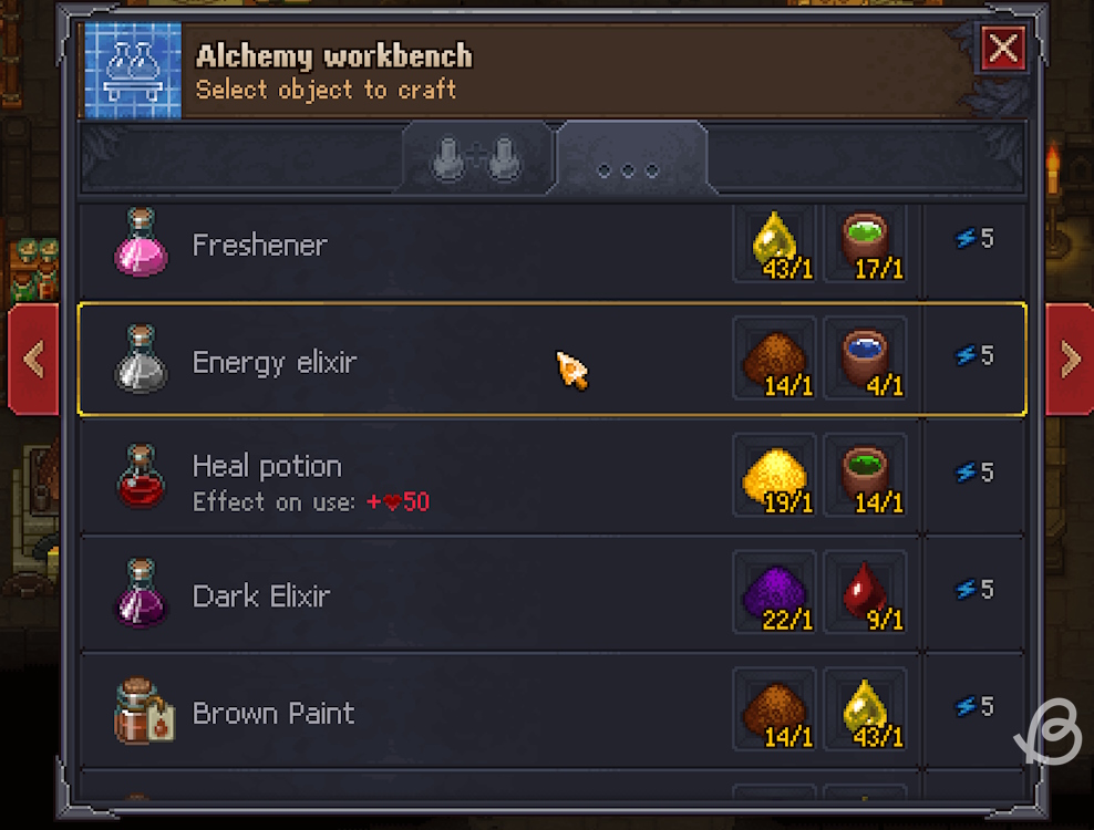 Energy elixir recipe that requires slowing powder and acceleration solution in Graveyard Keeper