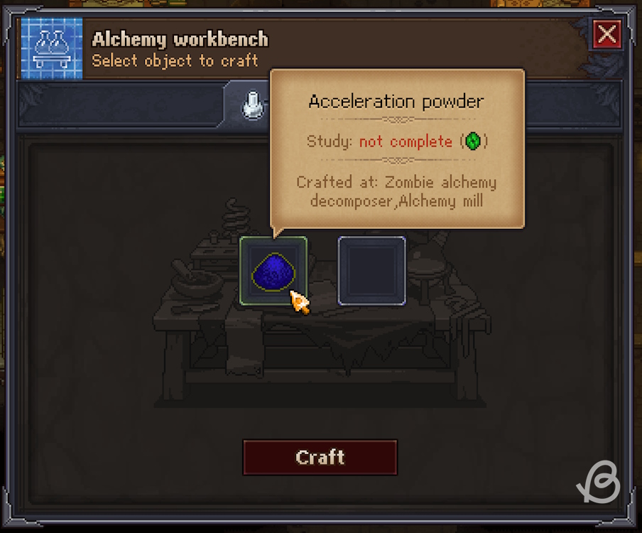 Placing acceleration powder in the first slot of the alchemy workbench's interface