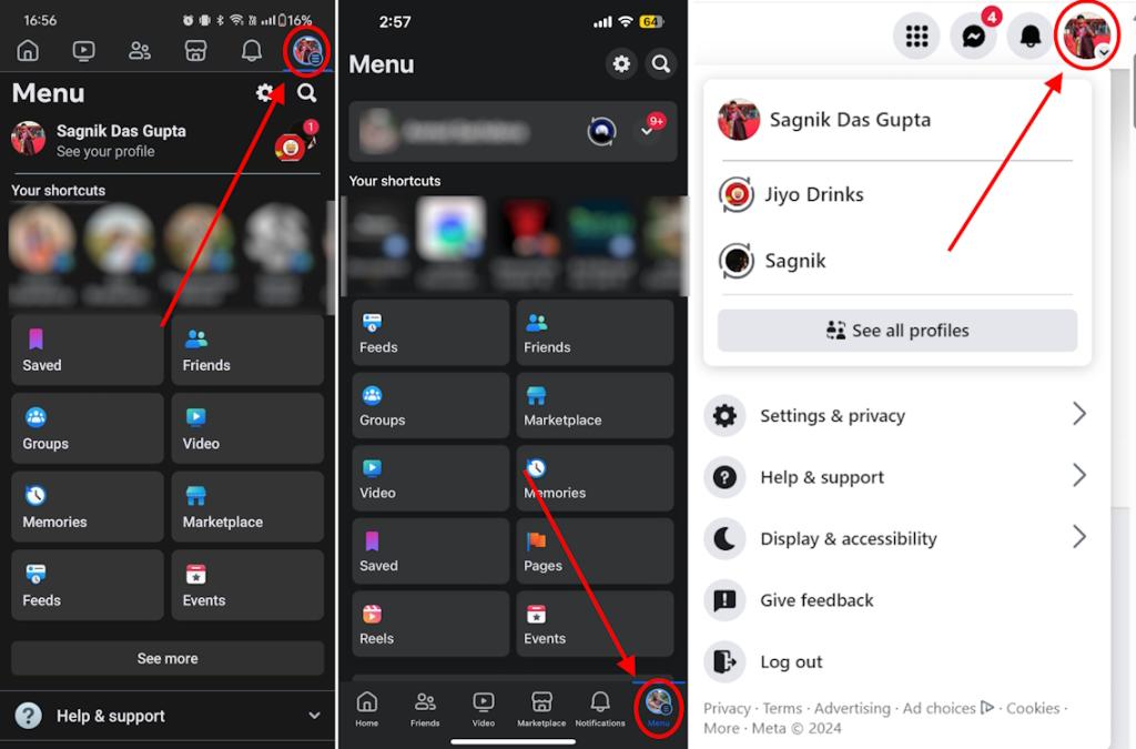 Facebook profile icon placement on Android, iOS and Web
