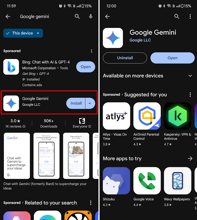 Finding and installing the Google Gemini app on Play Store for Android