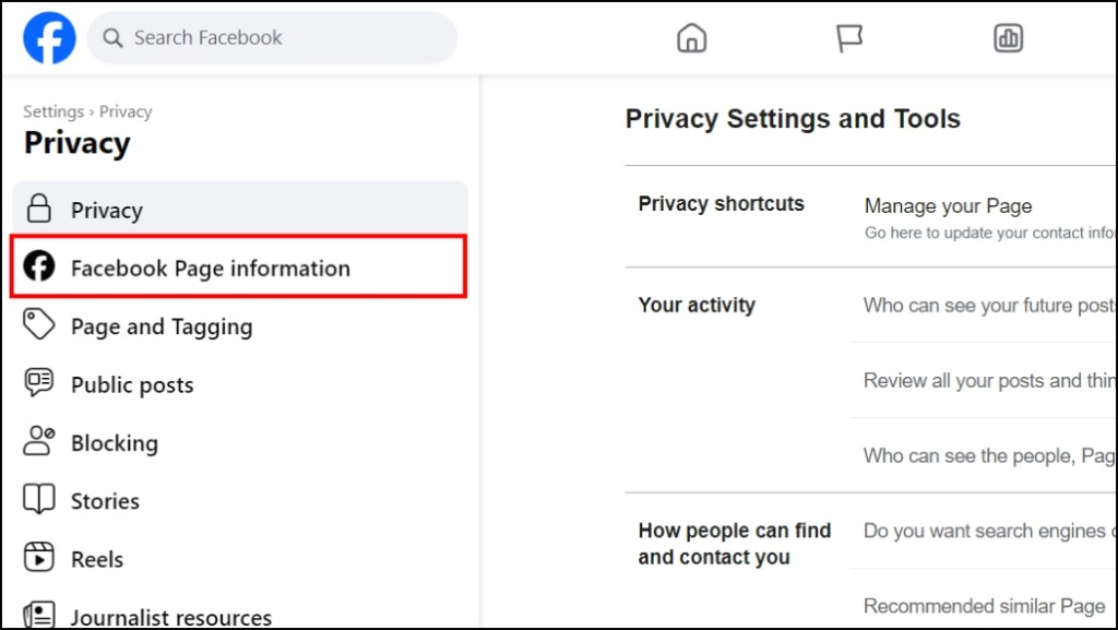 Navigate to Facebook Page Information menu using the sidebar 