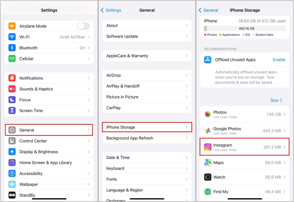 সাধারণ সেটিংস থেকে iPhone স্টোরেজ দেখুন এবং তারপর Instagram অ্যাপ নির্বাচন করুন