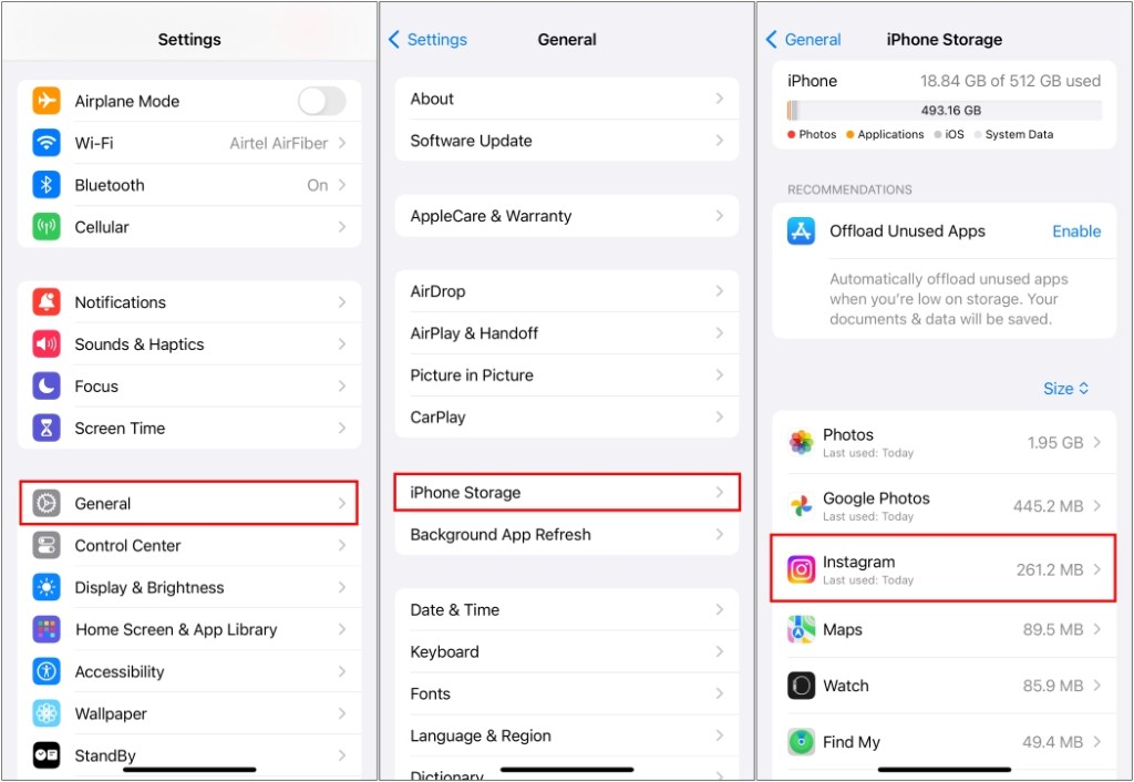 Visit iPhone storage from General settings and then select the Instagram app
