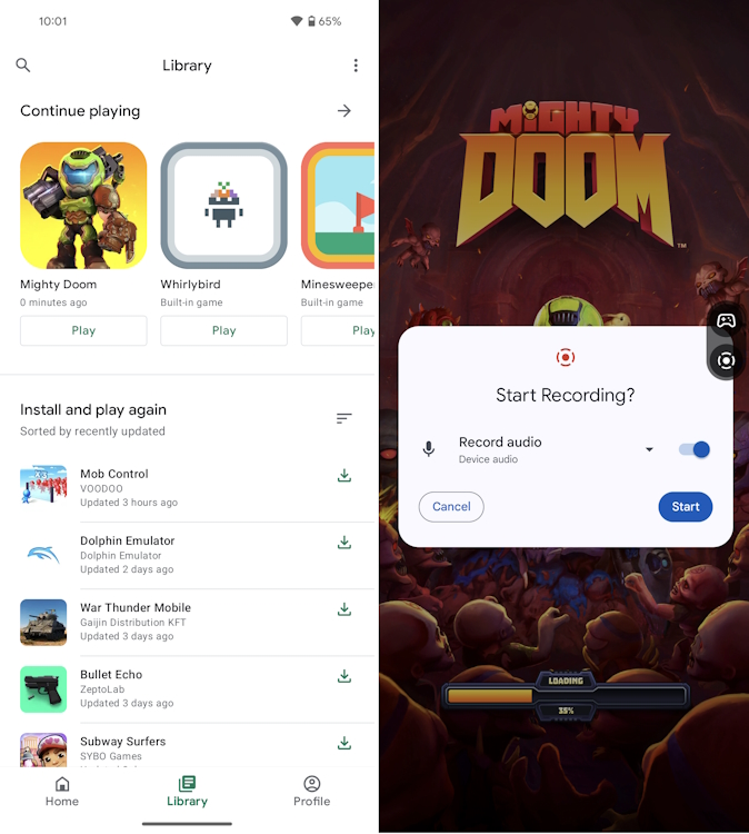 Google Play Games app interface and screen recorder