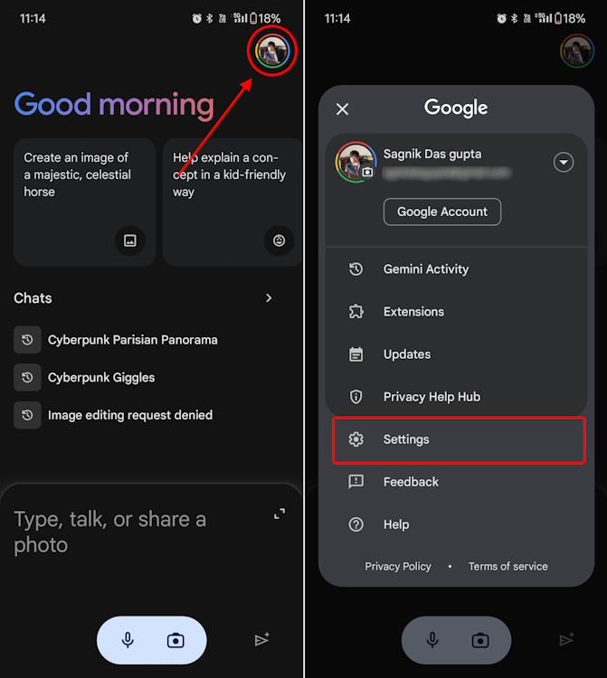 Go to Gemini app settings for Android