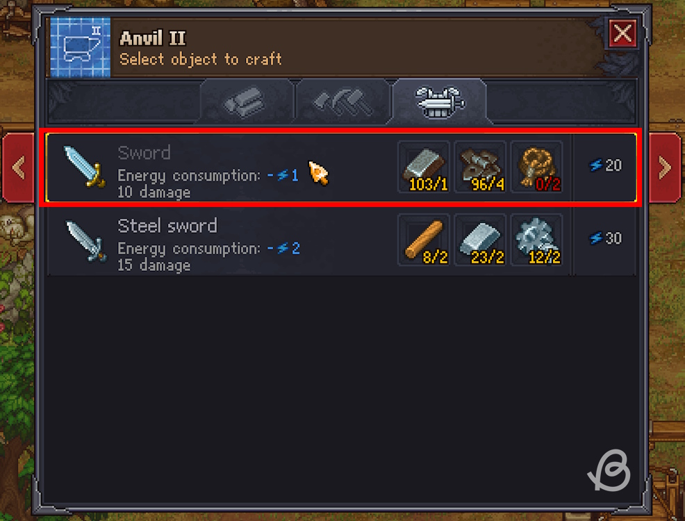 Crafting recipe for a sword utilizing hemp rope in Graveyard Keeper