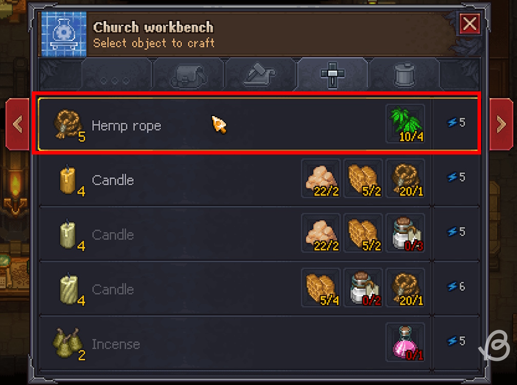 Crafting recipe for hemp rope in Graveyard Keeper