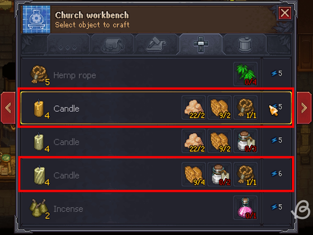 Crafting recipes for candles utilizing hemp rope in Graveyard Keeper