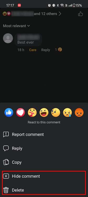 Hide or delete Facebook comment on the mobile app