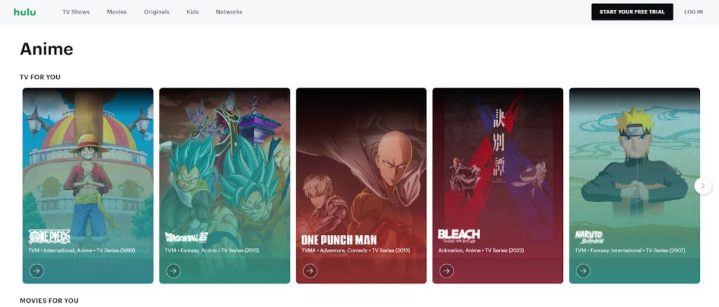 homepage of Hulu anime