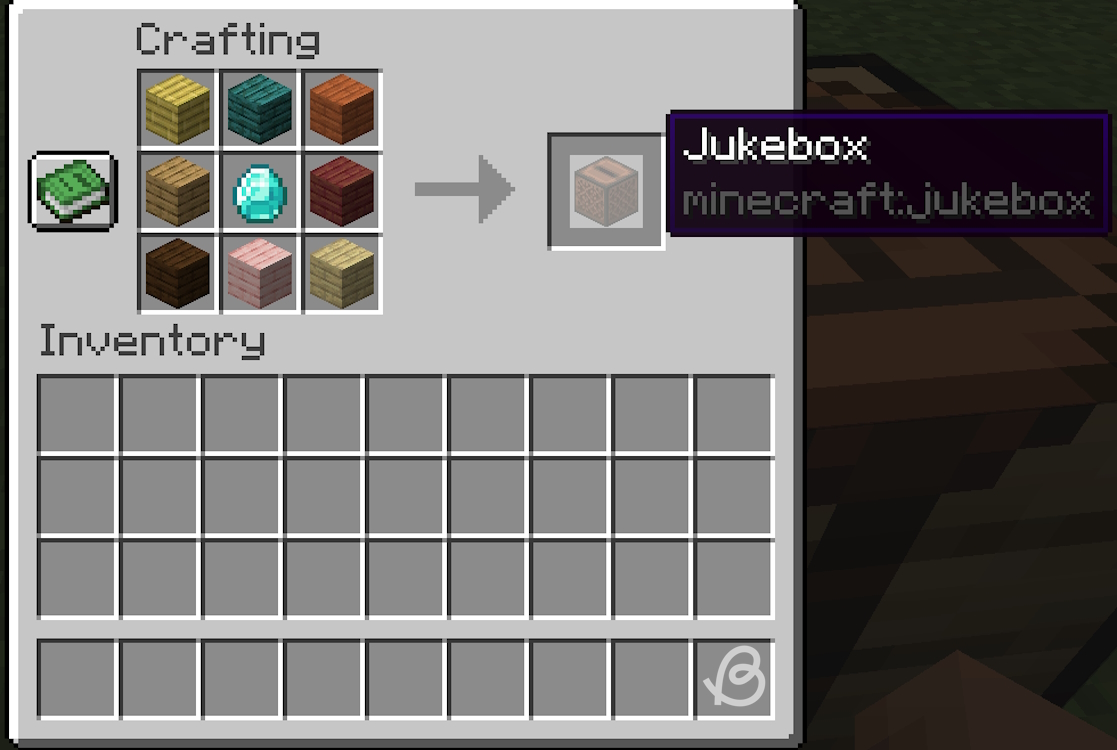 Completed crafting recipe for a jukebox in Minecraft