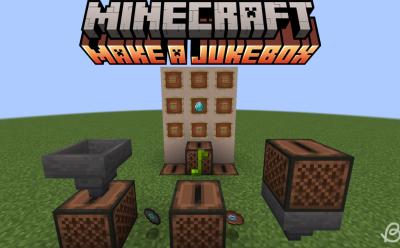 Jukebox playing a music disc with two jukeboxes interacting with hoppers next to it and wooden planks and a diamond inside item frames in Minecraft