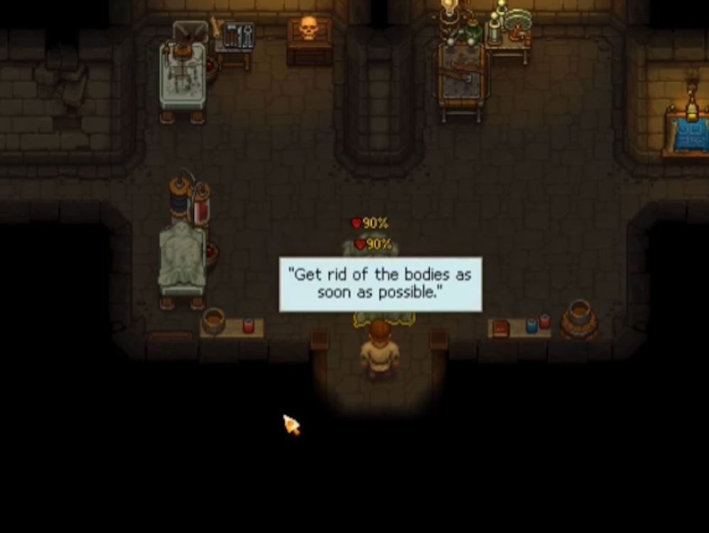 Lady Beatrice's request for the player to get rid of the three bodies in Graveyard Keeper