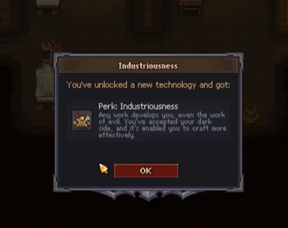 Player unlocking Industriousness perk