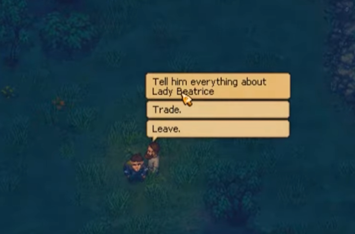 Player telling Koukol about the Lady Beatrice's plan in Graveyard Keeper