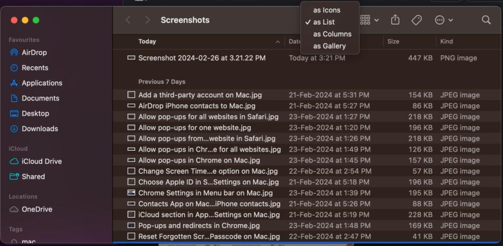 List view from View icon on Mac