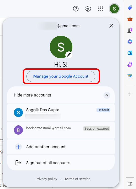 Manage your Google Account button on PC