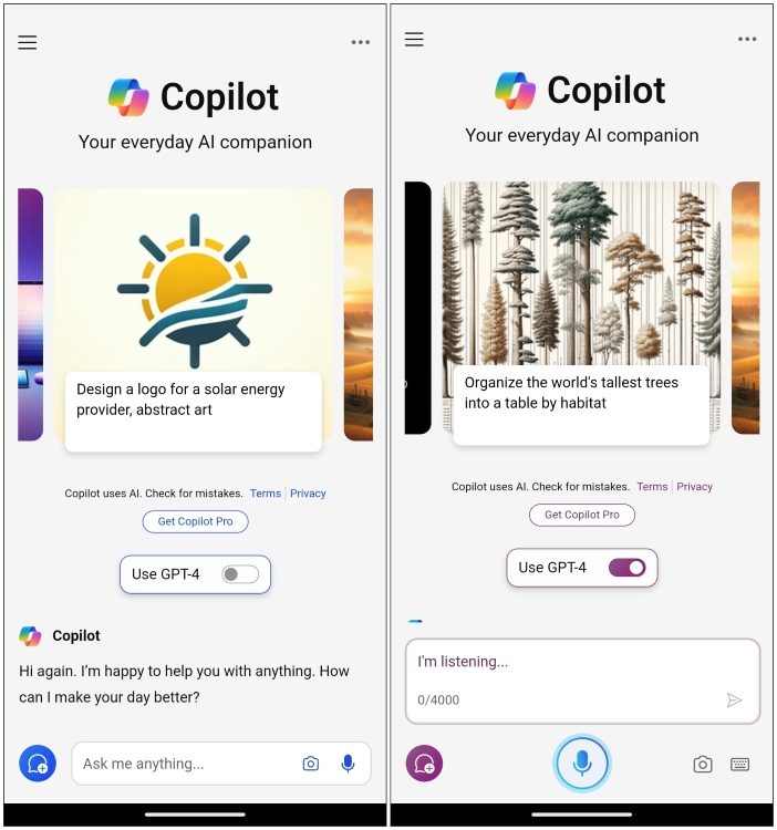 Copilot Main Activity screen as digital assistant on Android