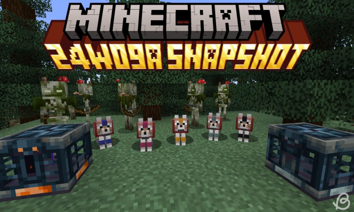 Tamed wolves with different colored wolf armor next to vaults and the Bogged mobs in Minecraft 24w09a snapshot