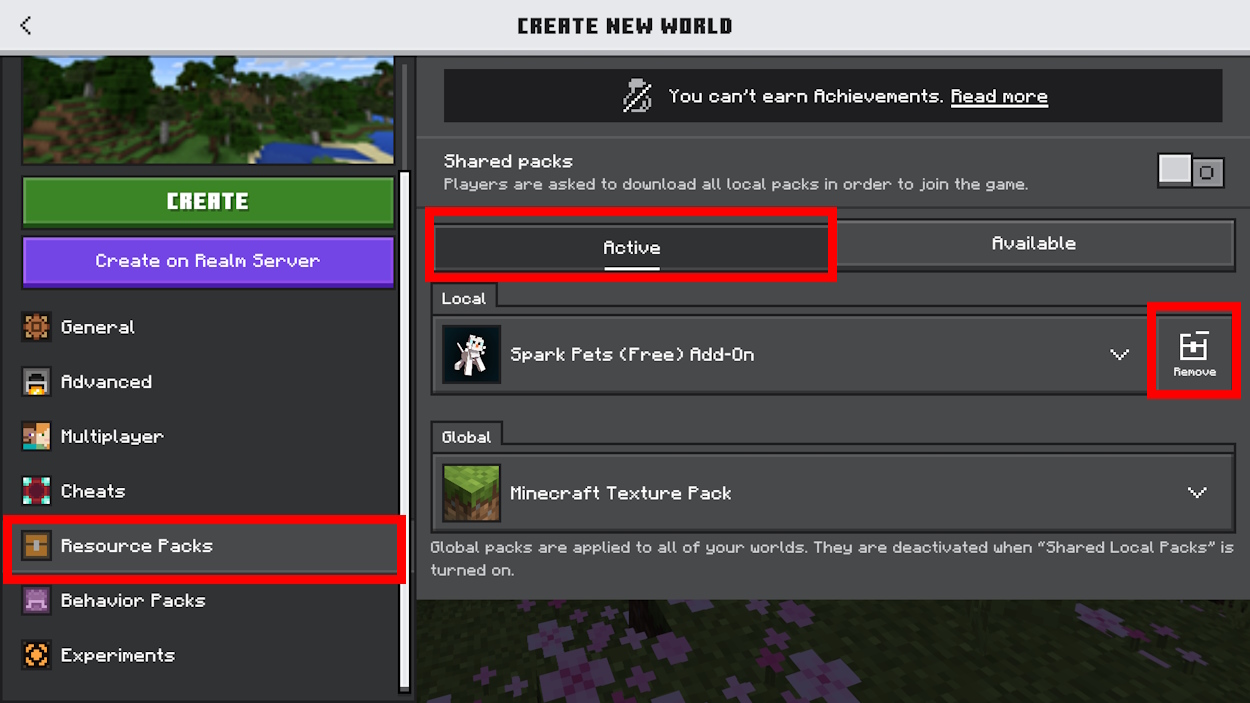 In the Resource Packs you'll see that the add-on is already there and you can remove it by clicking on the Remove button