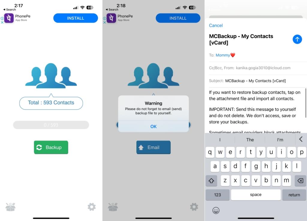 Contacts backup app for iOS