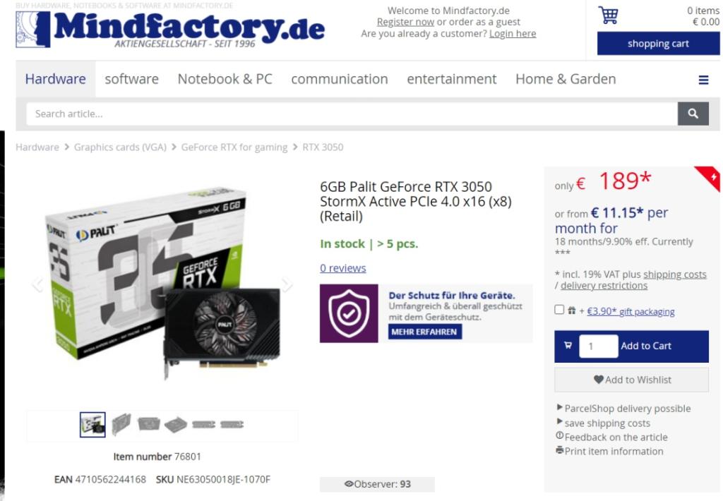 La tarjeta RTX 3050 de 6GB está a la venta en Mindfactory.de