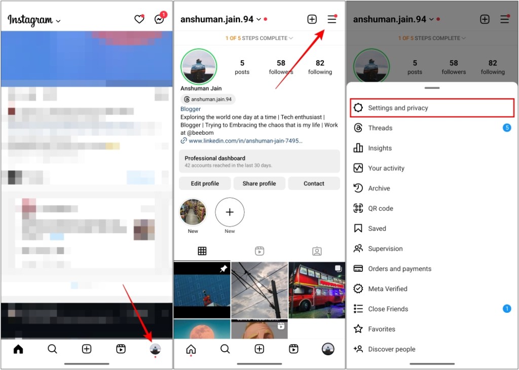 Select Settings and Privacy by tapping on the hamburger menu in the profile page