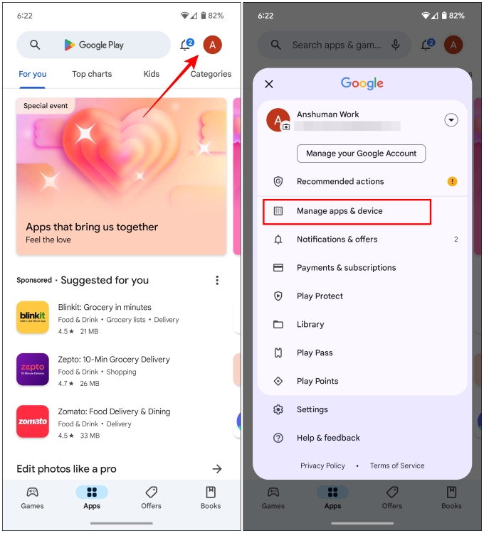 Go to profile icon in Play Store and then tap on Manage apps and devices