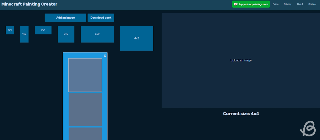 Minecraft Painting Creator tool where you can select the dimension you want