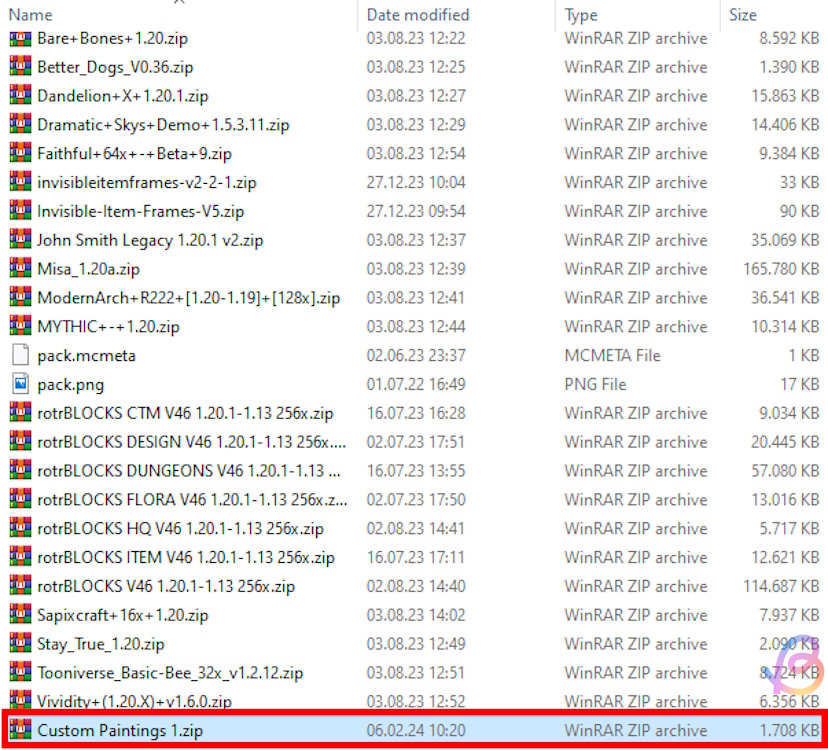 Resource packs folder with the custom paintings zip file