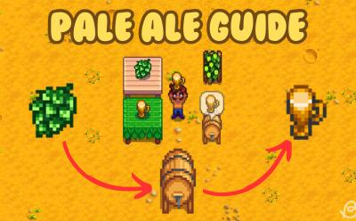 Player holding pale ale and being surrounded by hops, pale ale on the table and the keg with pale ale in Stardew Valley
