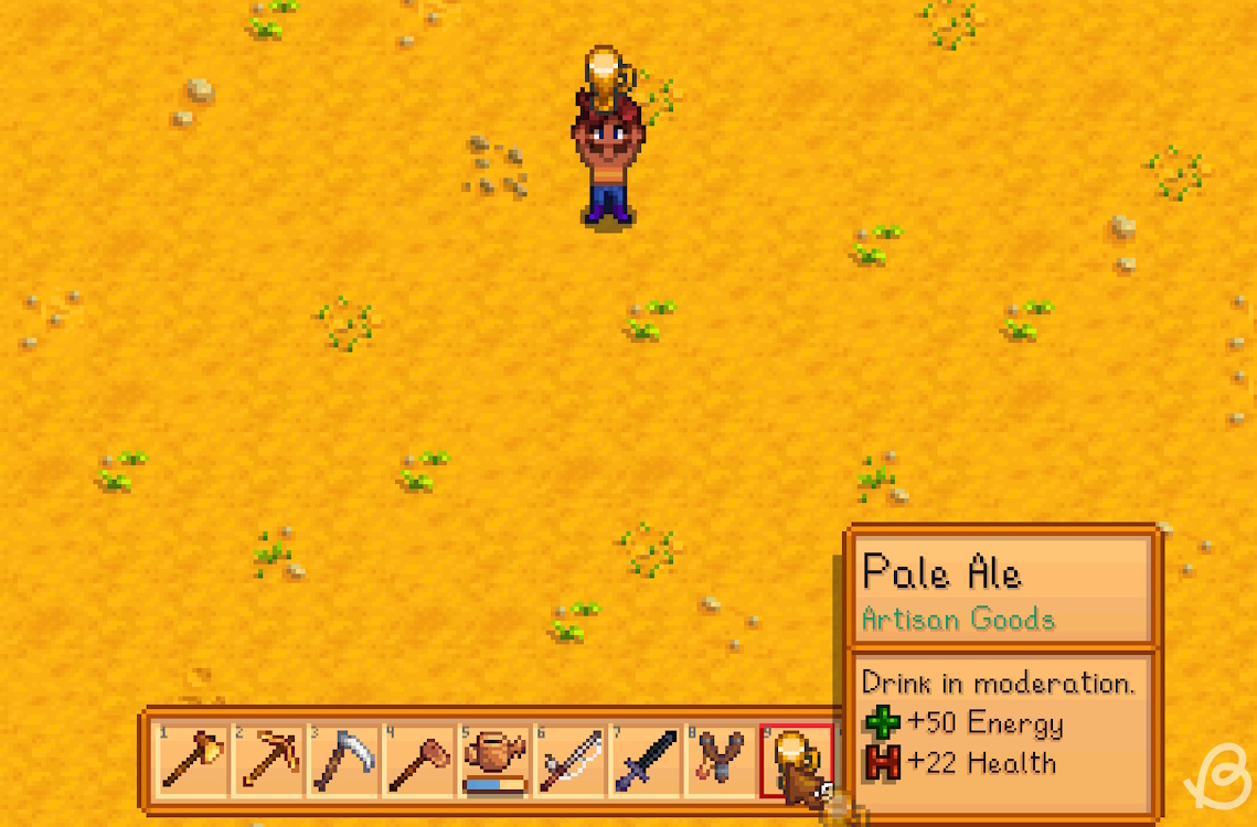 Player holding pale ale in Stardew Valley