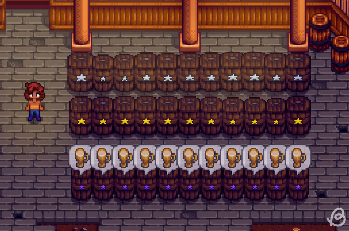 Player next to rows of casks with silver, gold and iridium quality pale ales in Stardew Valley