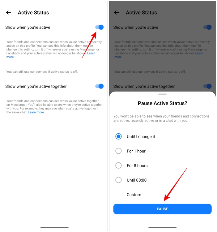 Pause active status in Facebook Messenger for set duration