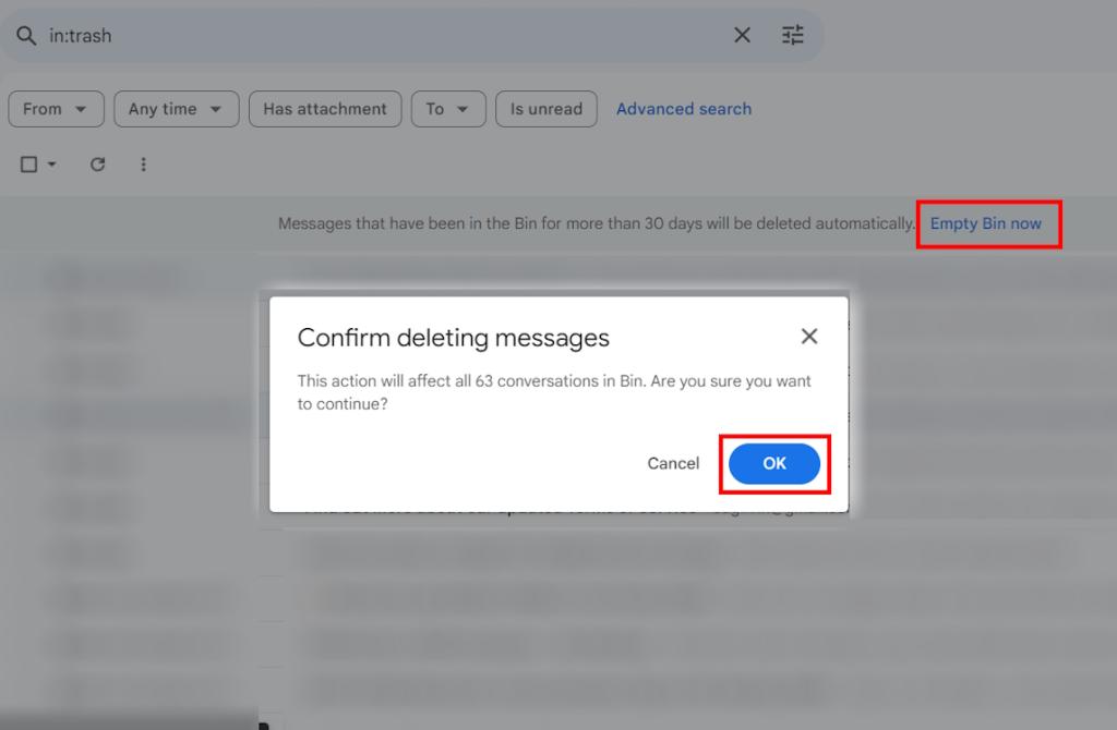 Permanently deleting emails on Gmail from trash folder