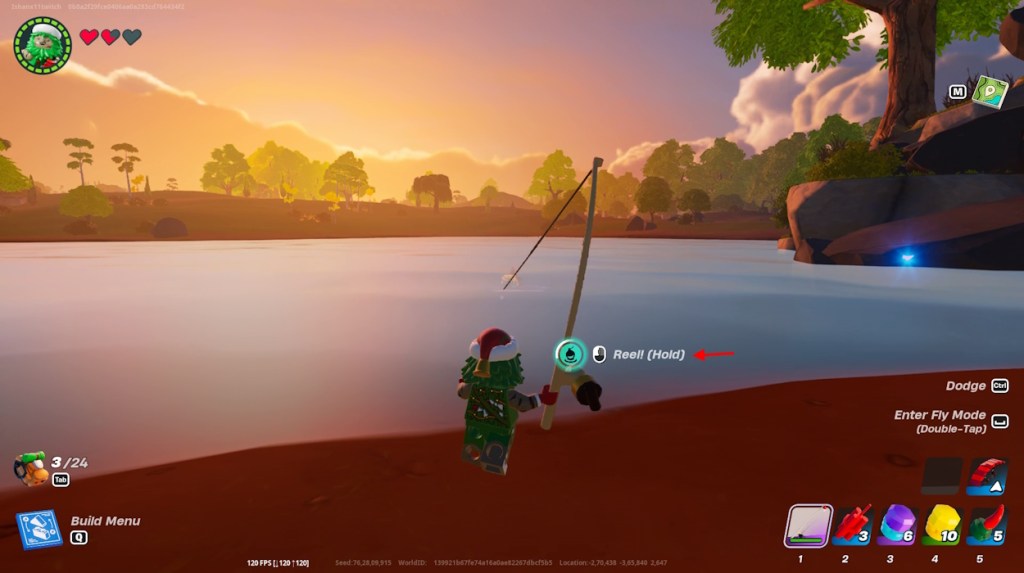 Reel! button in LEGO Fortnite while using fishing rod