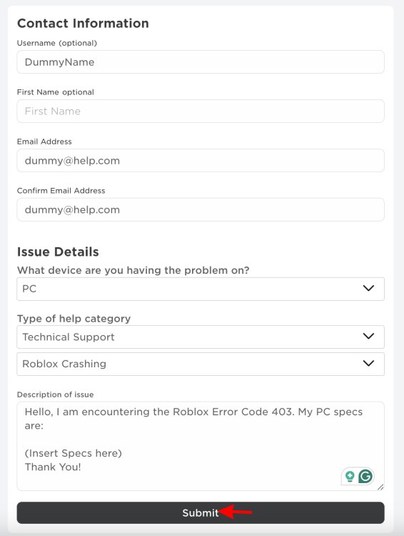 Roblox Contact Form 