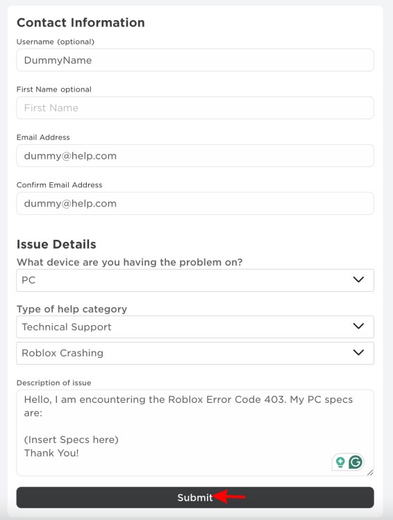 Roblox Contact Form