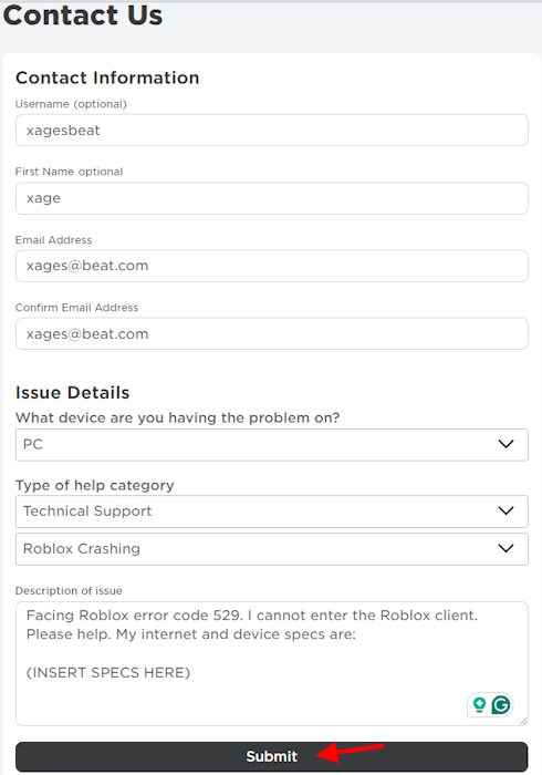 Roblox error code 529 contact support submit to fix