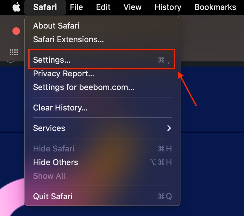 Safari Settings in the Top Menu Bar on Mac