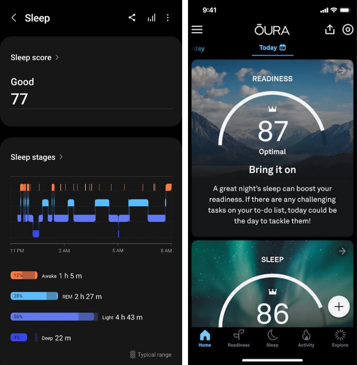 Samsung Health app vs Oura app interface